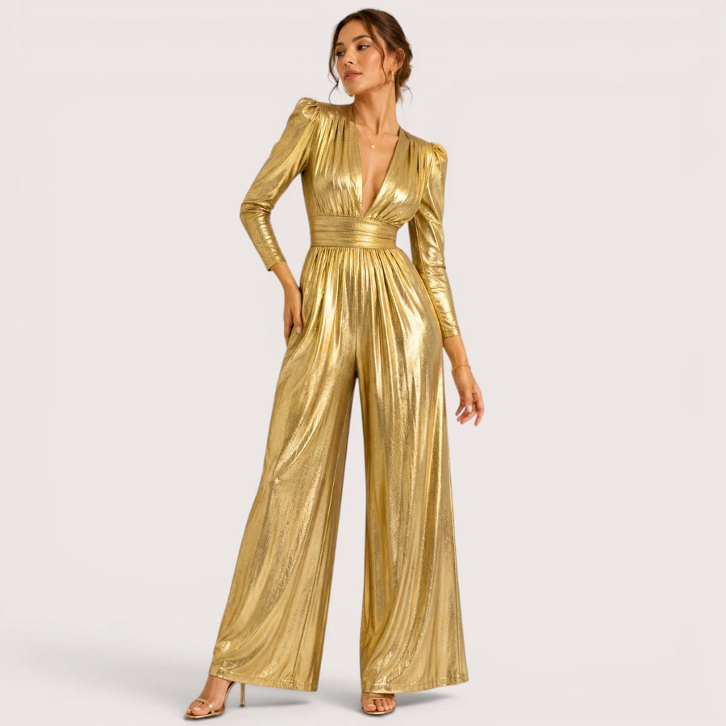 Corinne | Damen Glänzender V-Ausschnitt Jumpsuit Mit Dreiviertelärmeln