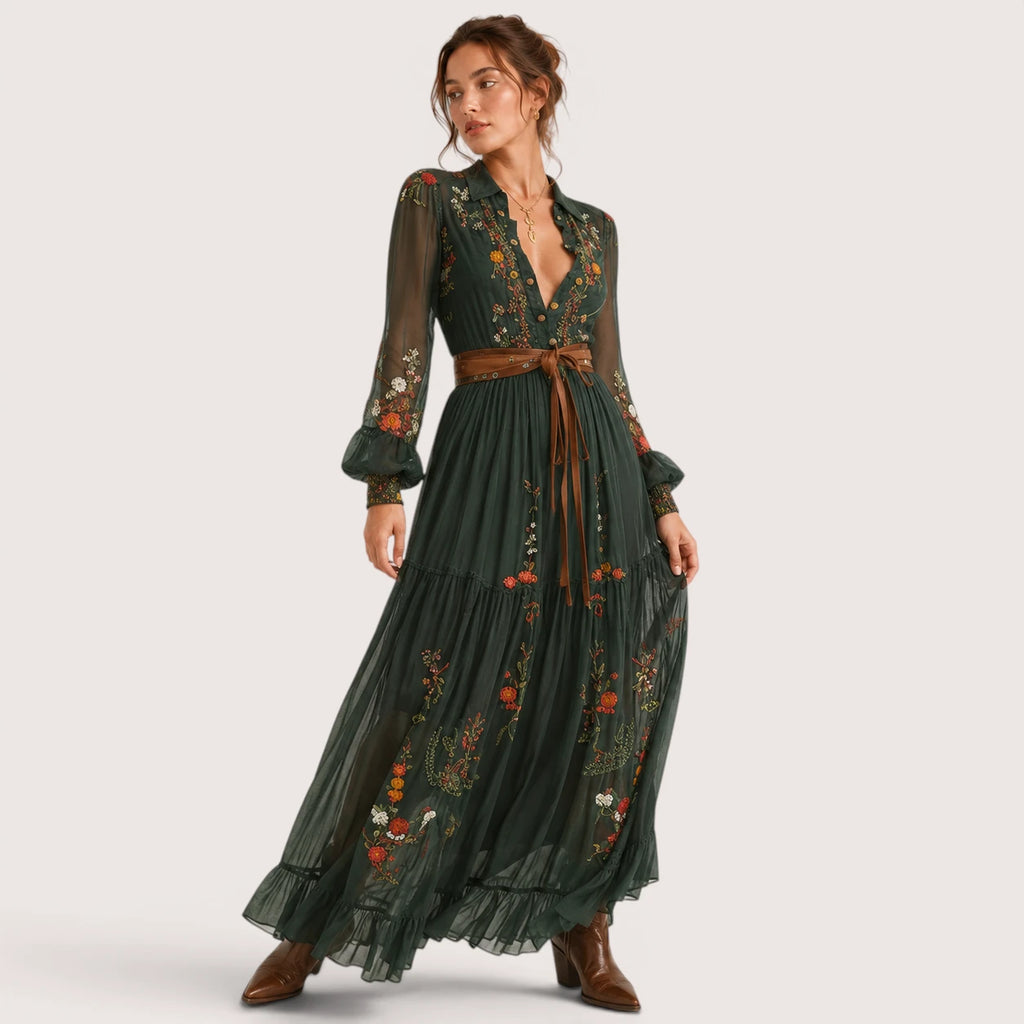 Indira | Damen Boho Maxikleid Mit Rüschen Saum