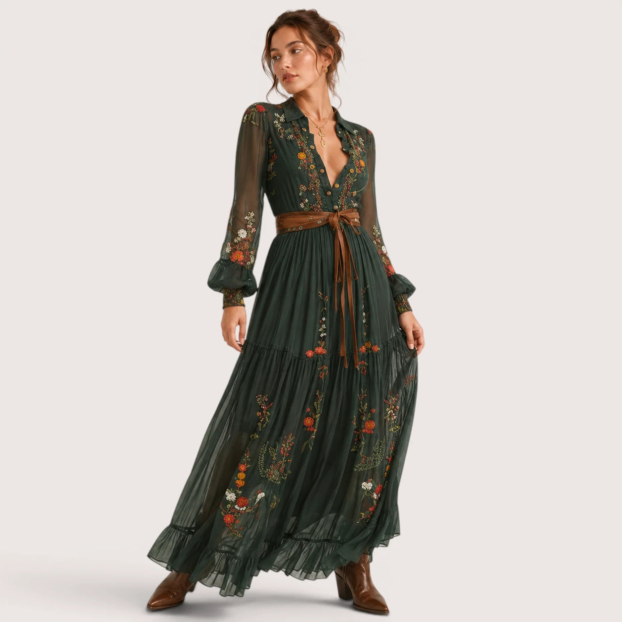 Indira | Damen Boho Maxikleid Mit Rüschen Saum