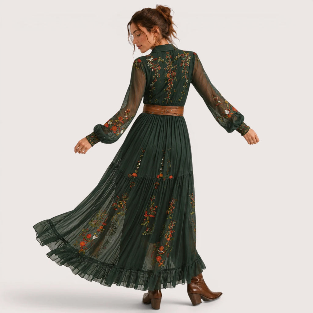 Indira | Damen Boho Maxikleid Mit Rüschen Saum