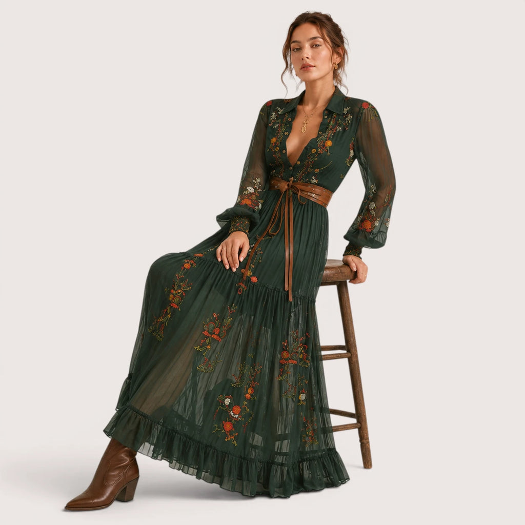 Indira | Damen Boho Maxikleid Mit Rüschen Saum