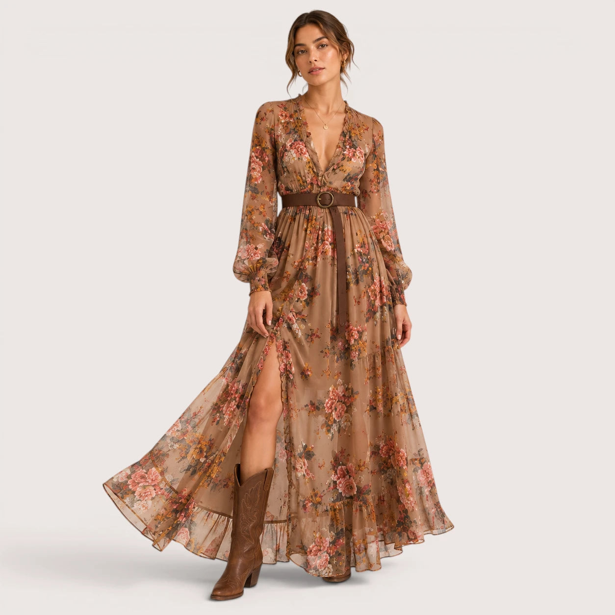 Indira | Damen Boho Maxikleid Mit Rüschen Saum