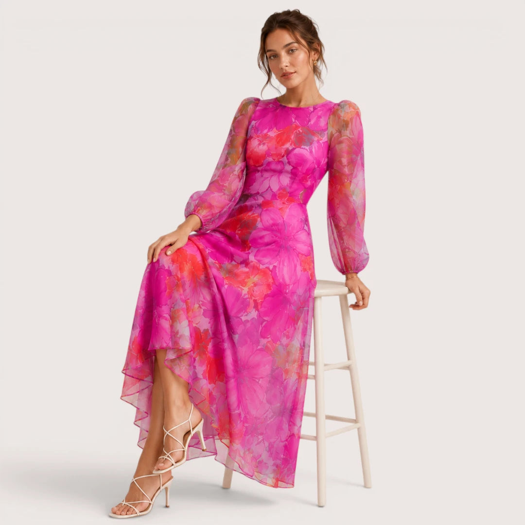 Rosalie | Damen Midikleid Mit Blumenprint Und Transparenten Langärmeln