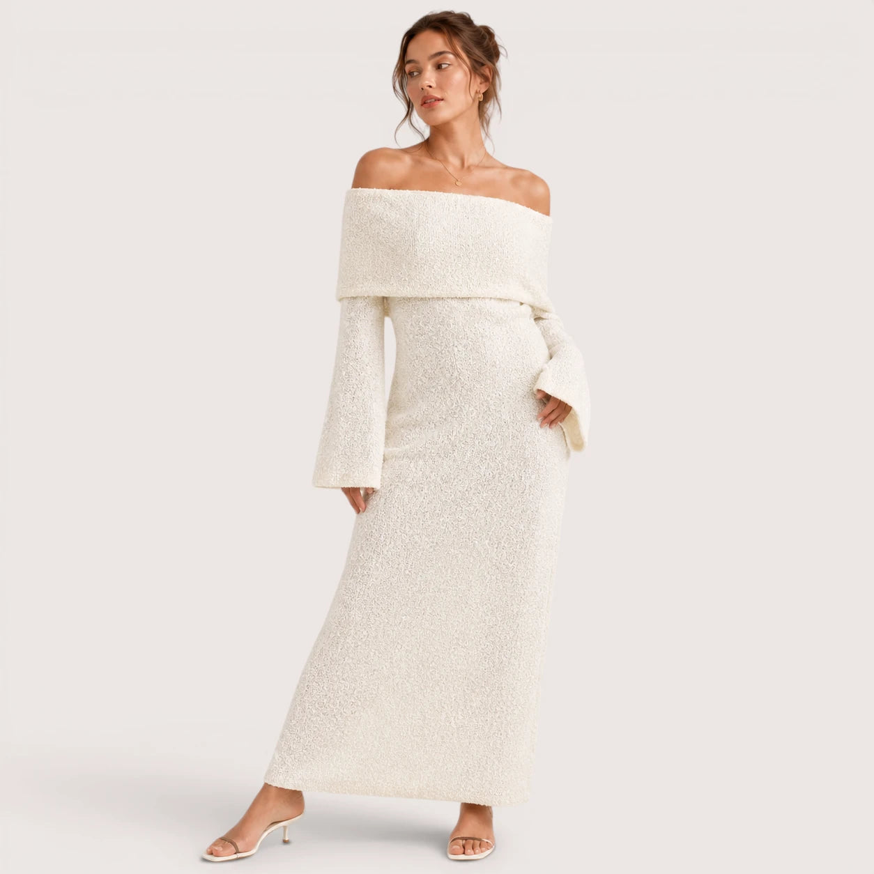 Isla | Damen Schulterfreies Midikleid Mit Langarm