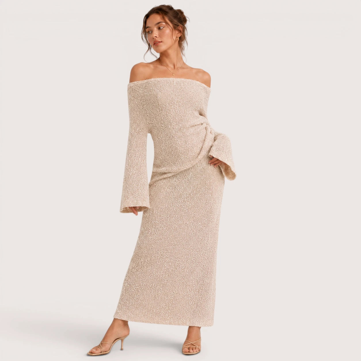 Isla | Damen Schulterfreies Midikleid Mit Langarm
