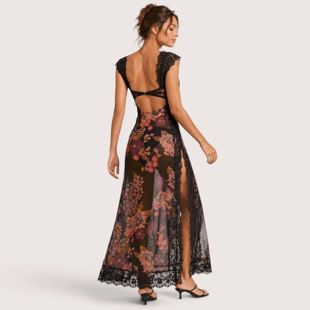 Elena | Damen Maxikleid Mit Blumenprint Und Spitzenbesatz