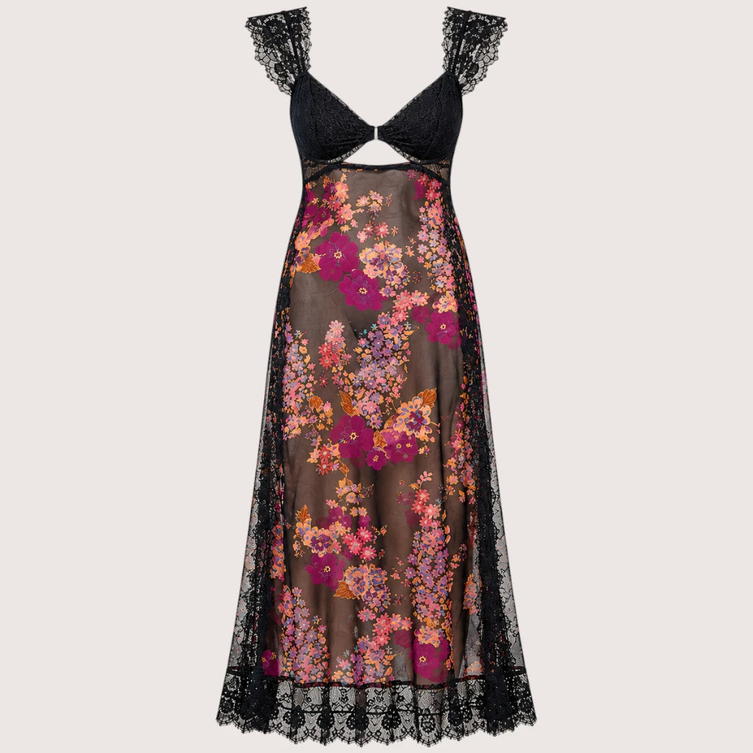 Elena | Damen Maxikleid Mit Blumenprint Und Spitzenbesatz