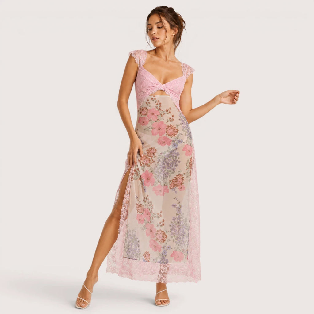 Elena | Damen Maxikleid Mit Blumenprint Und Spitzenbesatz