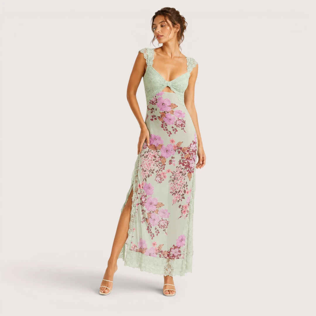 Elena | Damen Maxikleid Mit Blumenprint Und Spitzenbesatz