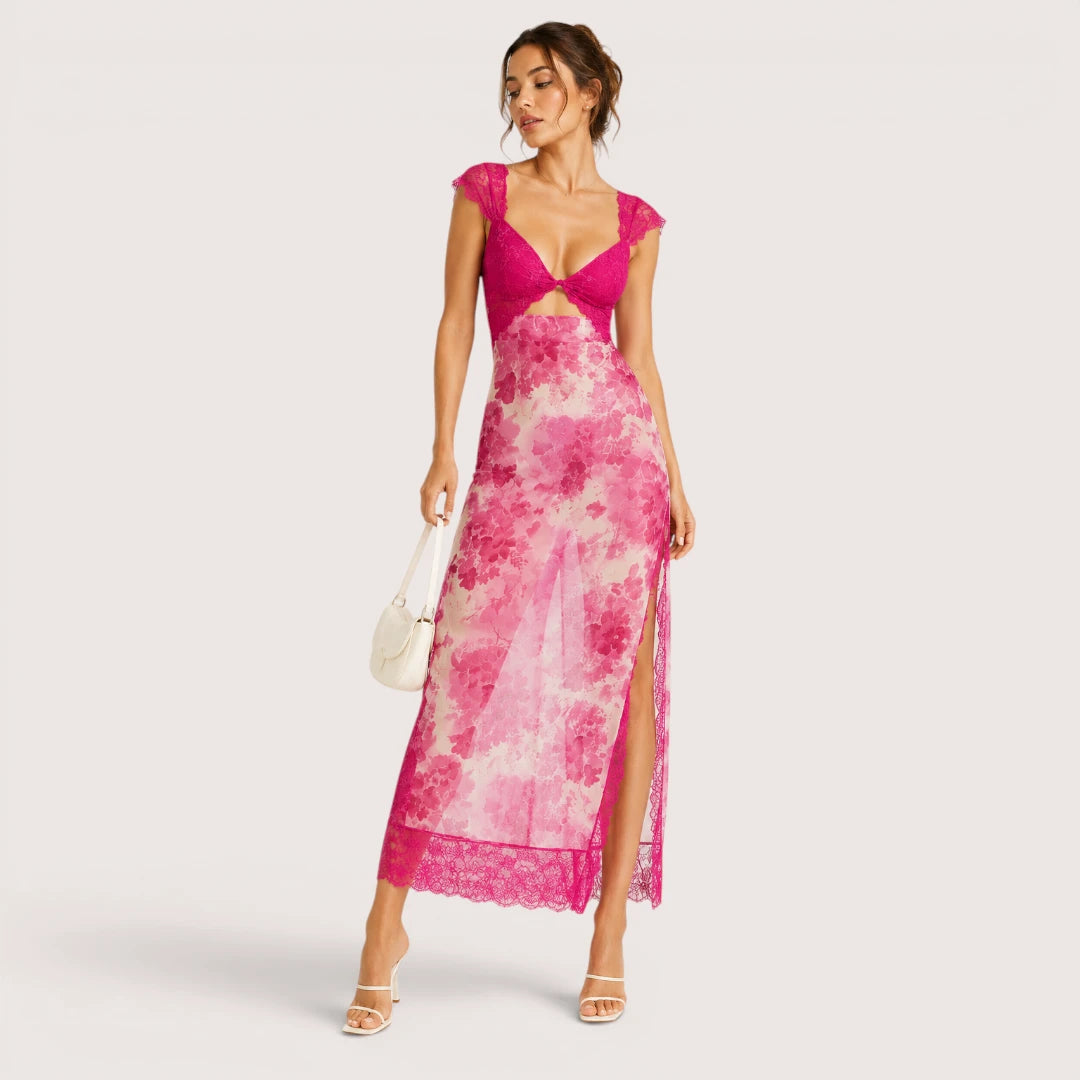 Elena | Damen Maxikleid Mit Blumenprint Und Spitzenbesatz