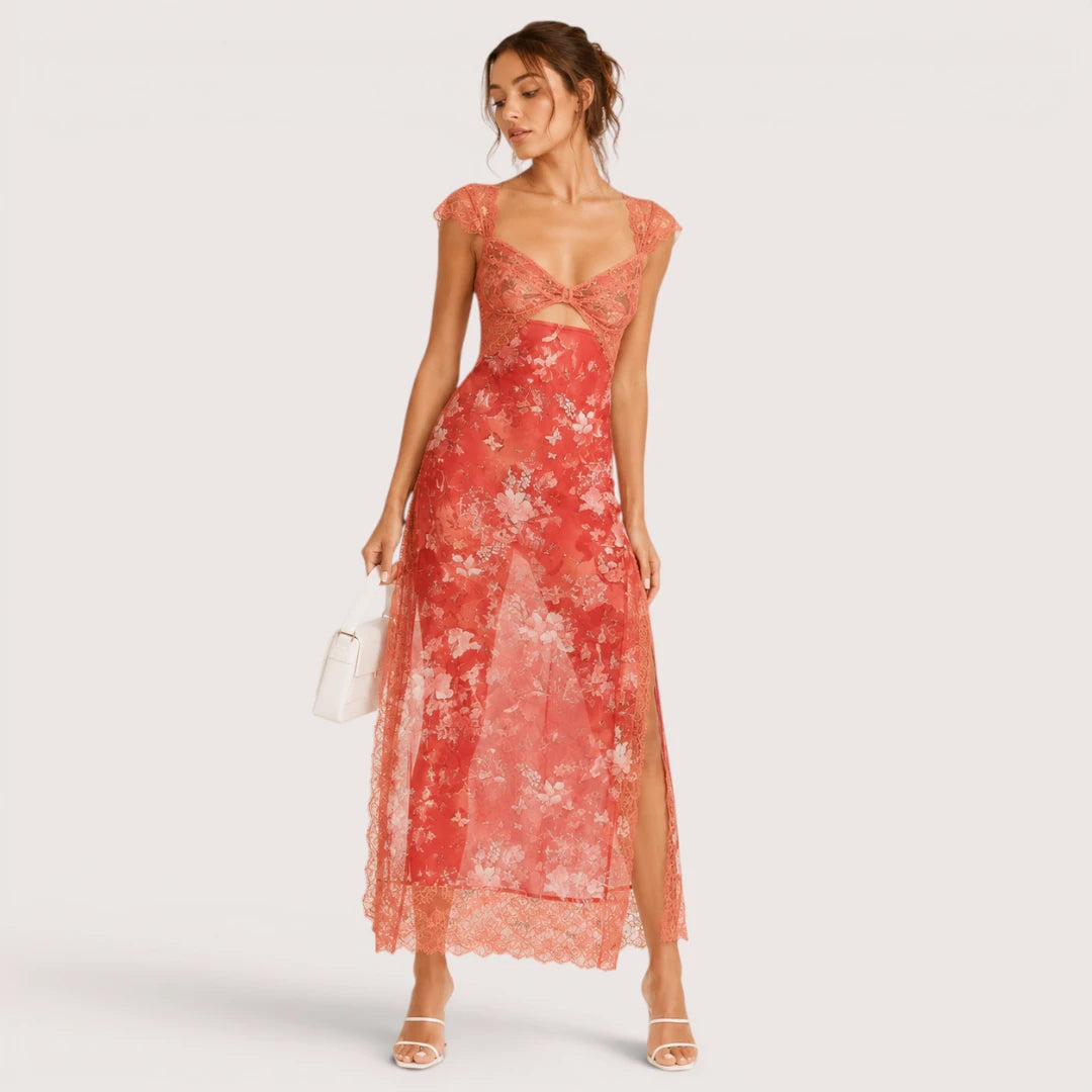Elena | Damen Maxikleid Mit Blumenprint Und Spitzenbesatz