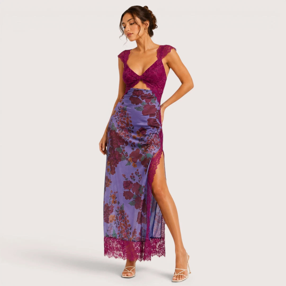 Elena | Damen Maxikleid Mit Blumenprint Und Spitzenbesatz