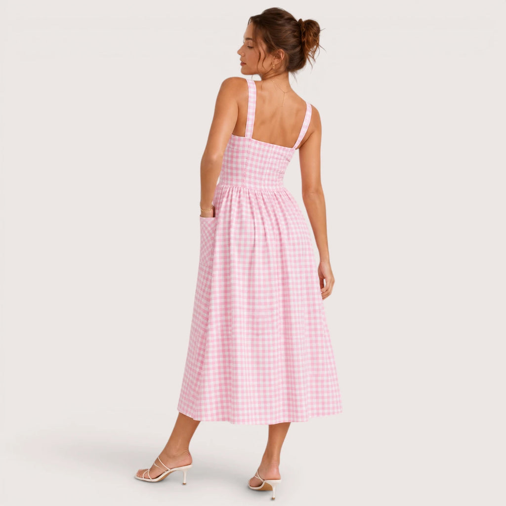 Mila | Damen Midikleid Mit Karomuster, Trägern Und Fronttaschen