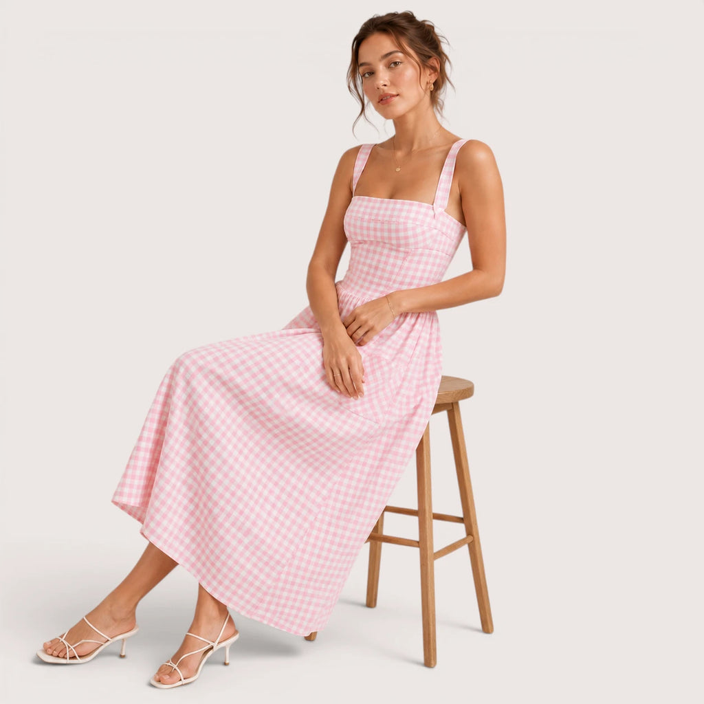 Mila | Damen Midikleid Mit Karomuster, Trägern Und Fronttaschen