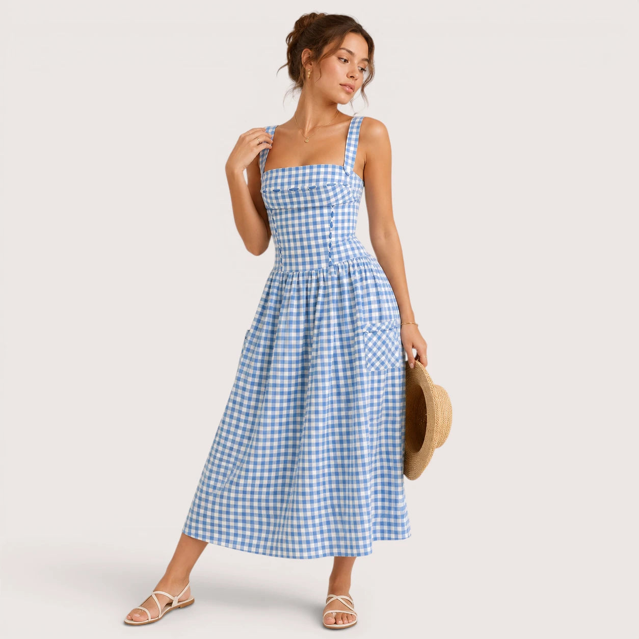 Mila | Damen Midikleid Mit Karomuster, Trägern Und Fronttaschen