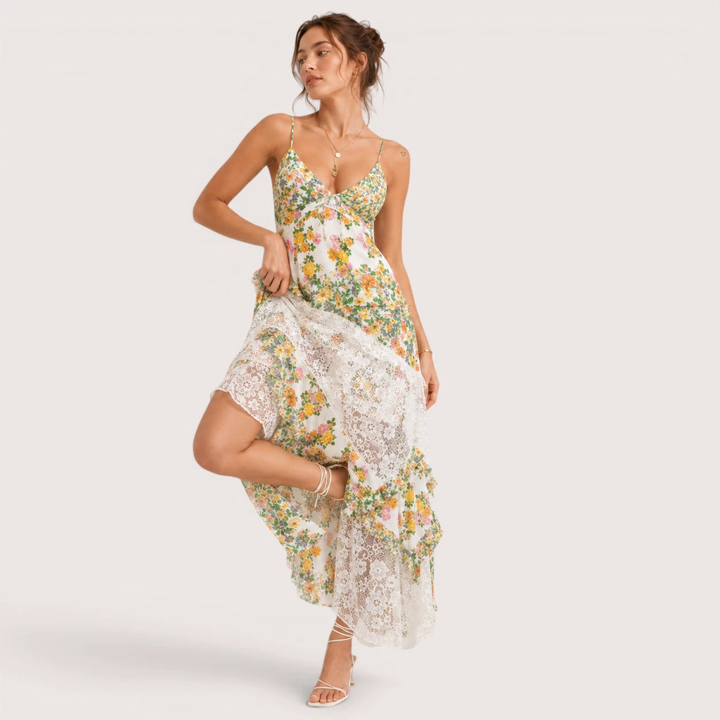Luna | Damen Maxikleid Mit Blumenprint Und Spitzeneinsatz