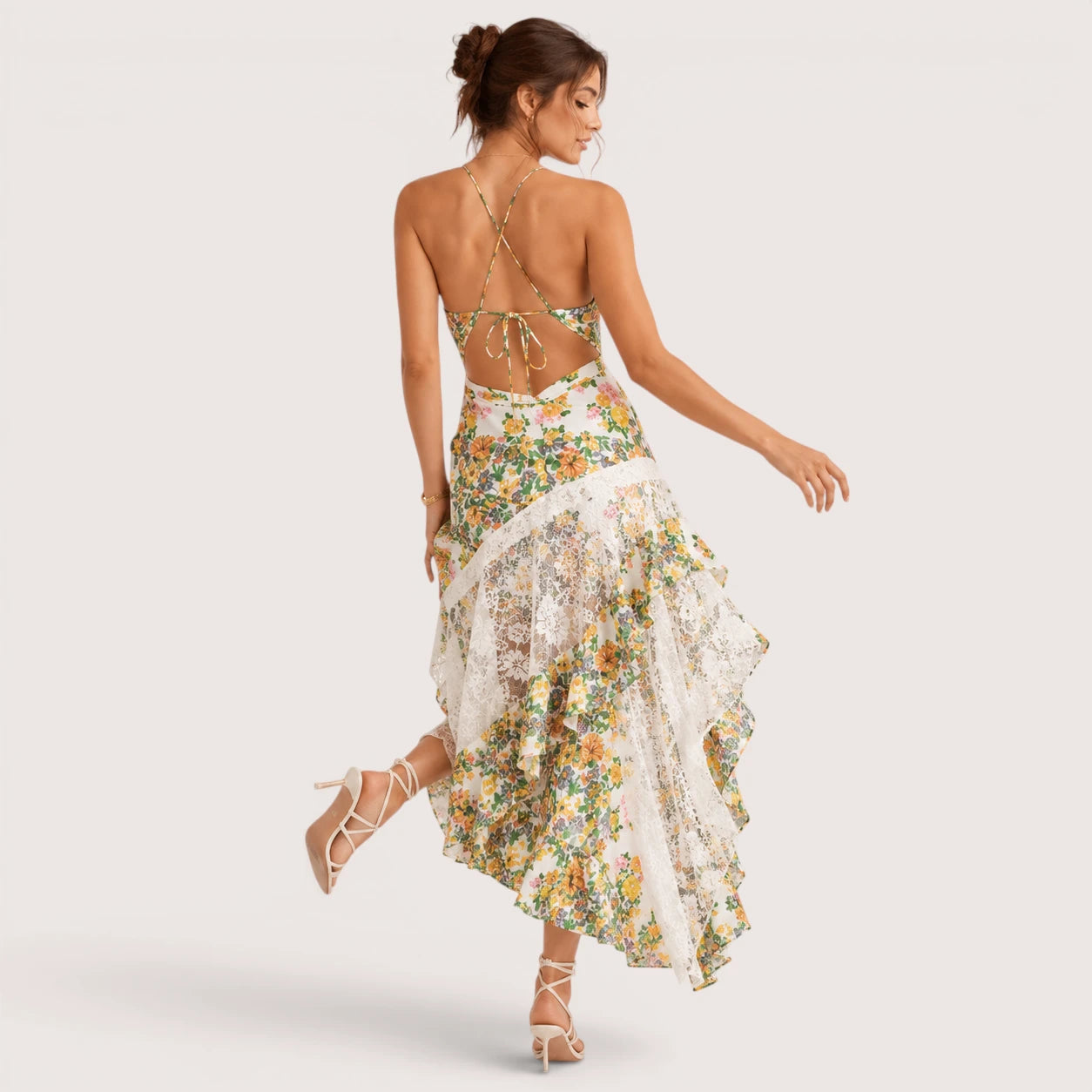 Luna | Damen Maxikleid Mit Blumenprint Und Spitzeneinsatz