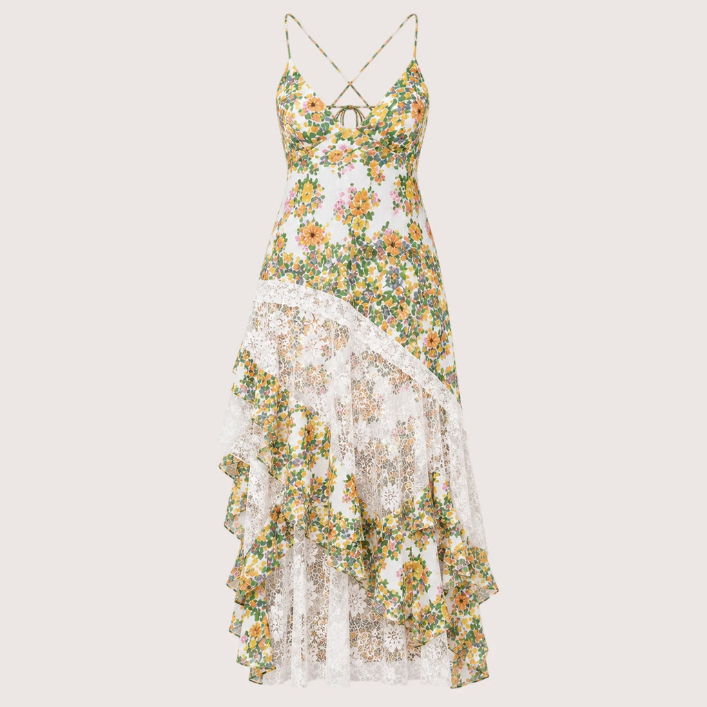 Luna | Damen Maxikleid Mit Blumenprint Und Spitzeneinsatz
