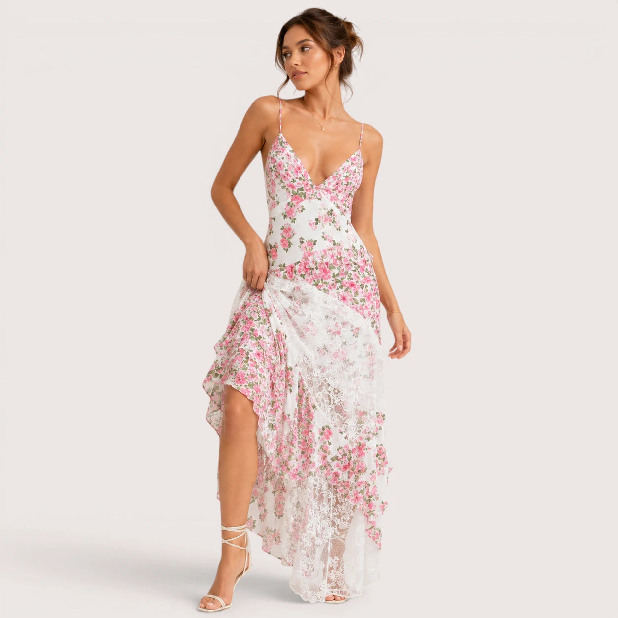 Luna | Damen Maxikleid Mit Blumenprint Und Spitzeneinsatz