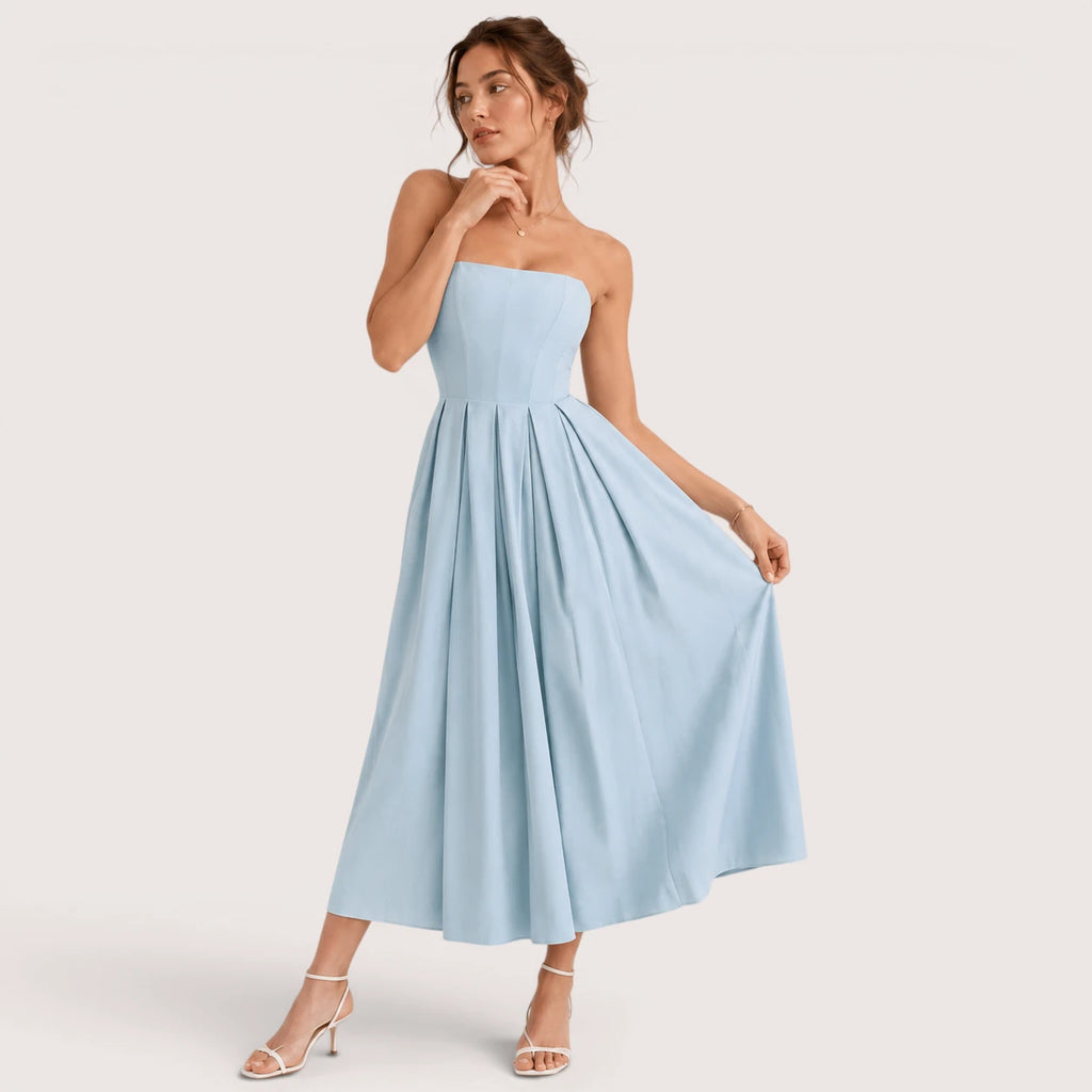 Sophie | Damen Trägerloses Plissee Midikleid