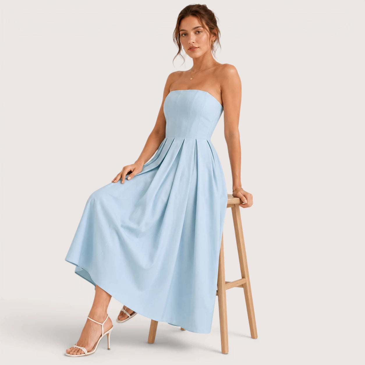 Sophie | Damen Trägerloses Plissee Midikleid