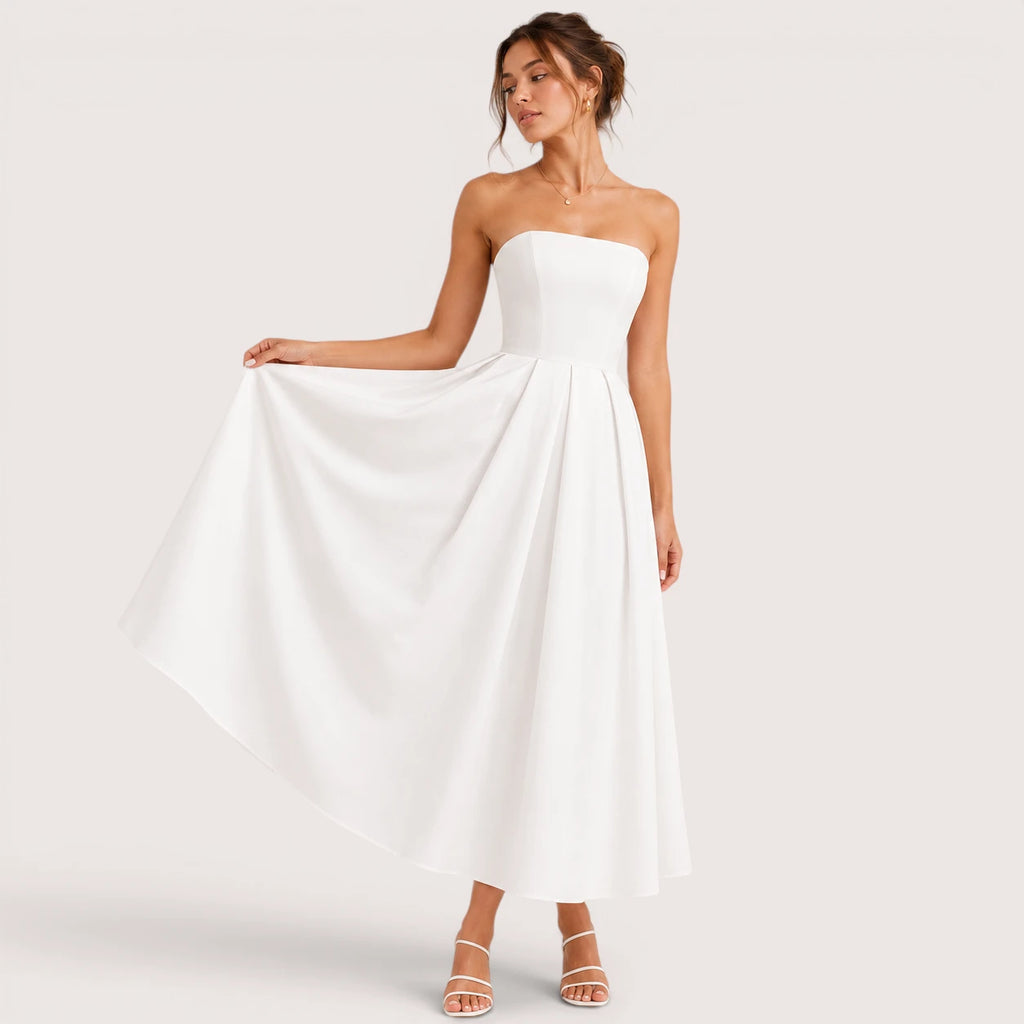 Sophie | Damen Trägerloses Plissee Midikleid
