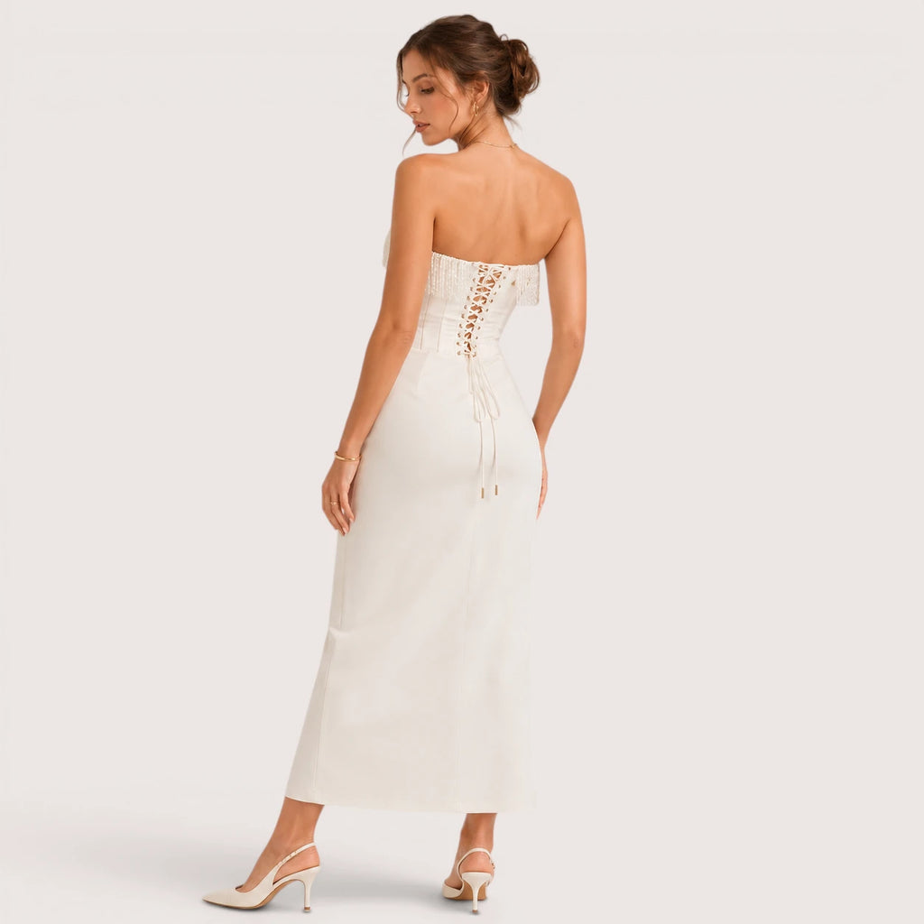 Savannah | Damen Trägerloses Korsett Midikleid Mit Fransenbesatz