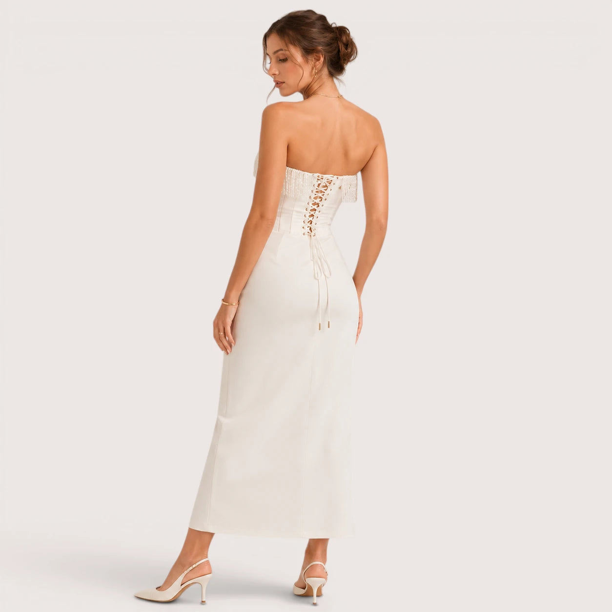 Savannah | Damen Trägerloses Korsett Midikleid Mit Fransenbesatz