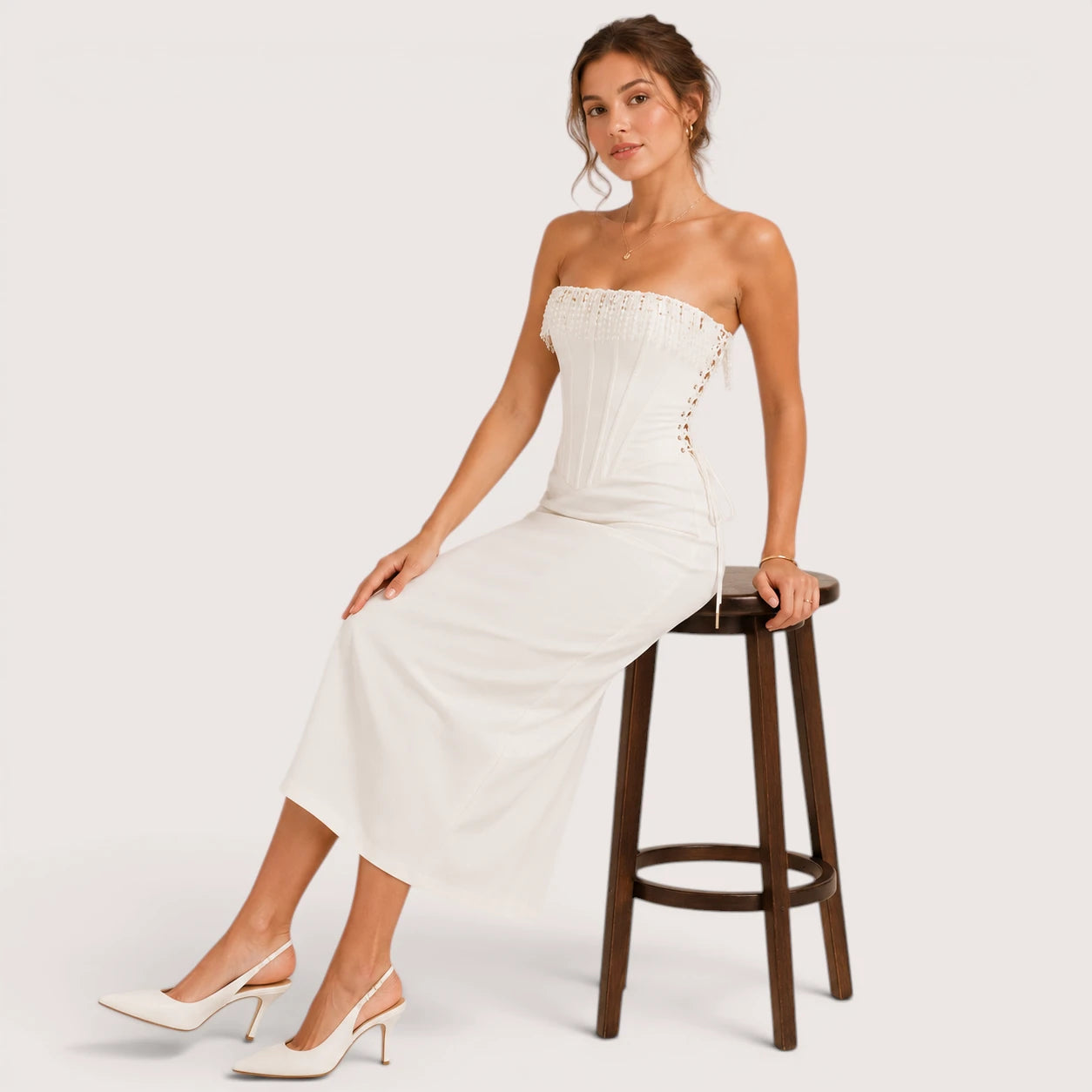 Savannah | Damen Trägerloses Korsett Midikleid Mit Fransenbesatz