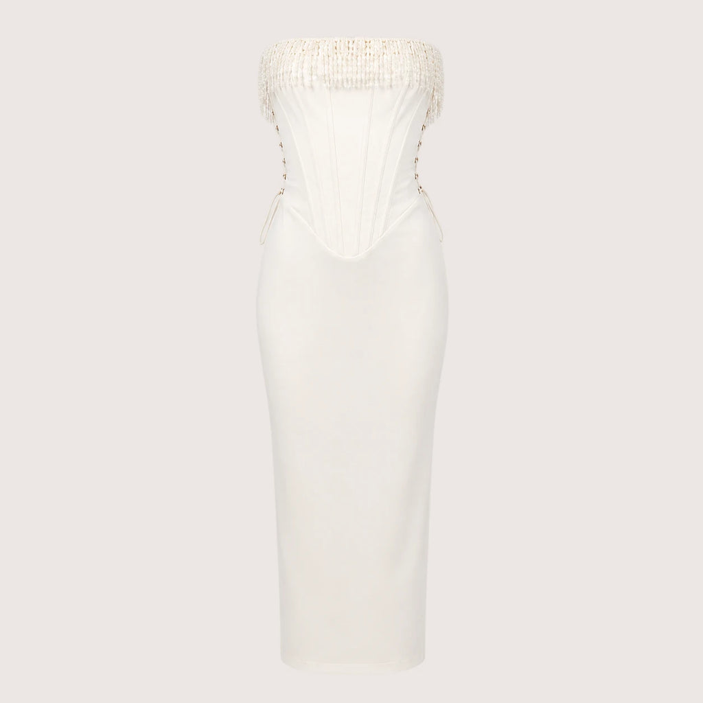 Savannah | Damen Trägerloses Korsett Midikleid Mit Fransenbesatz