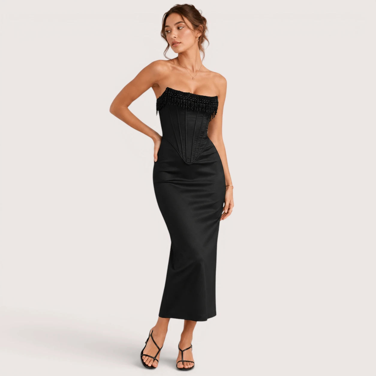 Savannah | Damen Trägerloses Korsett Midikleid Mit Fransenbesatz