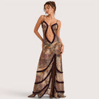 Camila | Damen Bedrucktes Maxikleid Mit Spaghettiträgern Und Cut-Out Detail