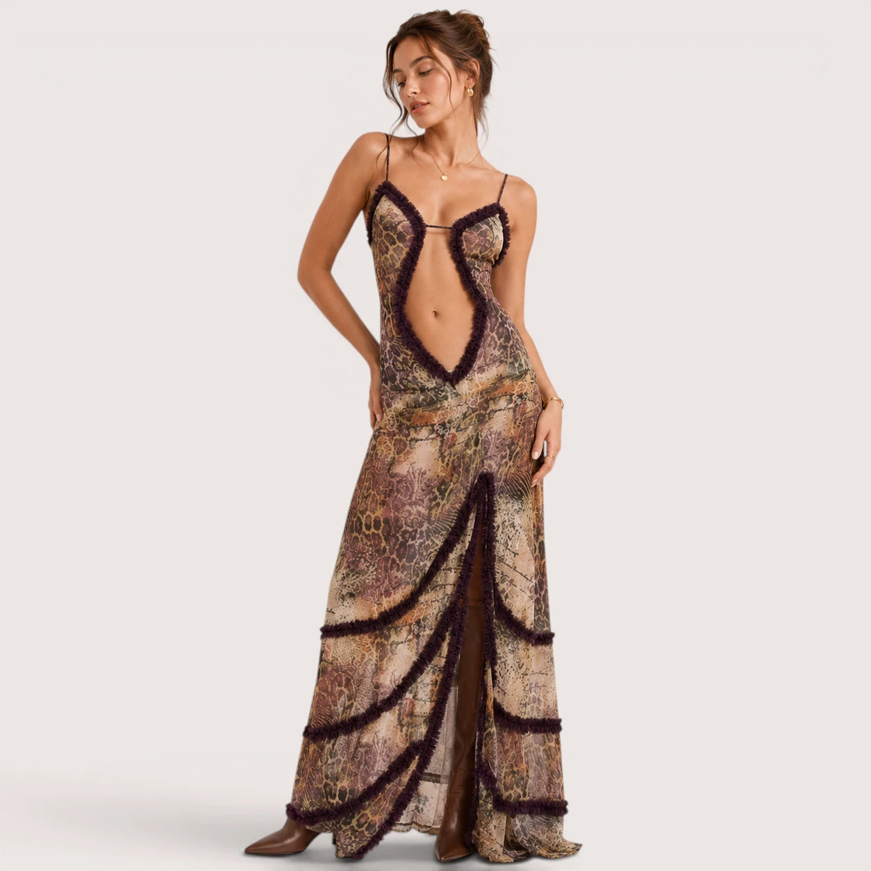 Camila | Damen Bedrucktes Maxikleid Mit Spaghettiträgern Und Cut-Out Detail