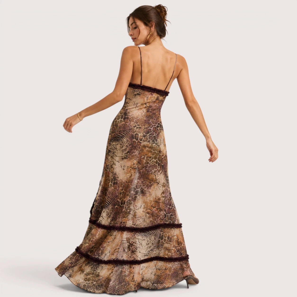 Camila | Damen Bedrucktes Maxikleid Mit Spaghettiträgern Und Cut-Out Detail