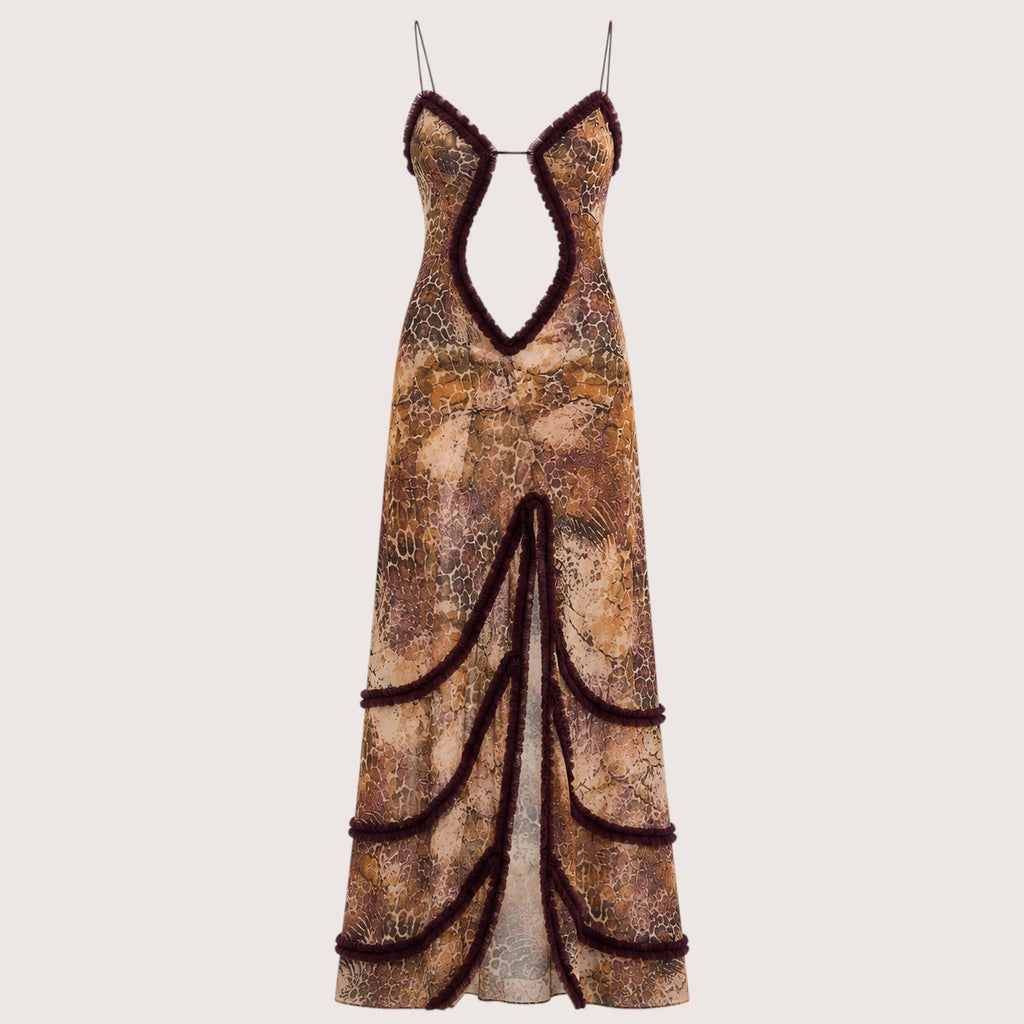 Camila | Damen Bedrucktes Maxikleid Mit Spaghettiträgern Und Cut-Out Detail