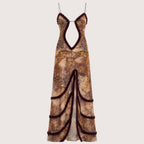 Camila | Damen Bedrucktes Maxikleid Mit Spaghettiträgern Und Cut-Out Detail
