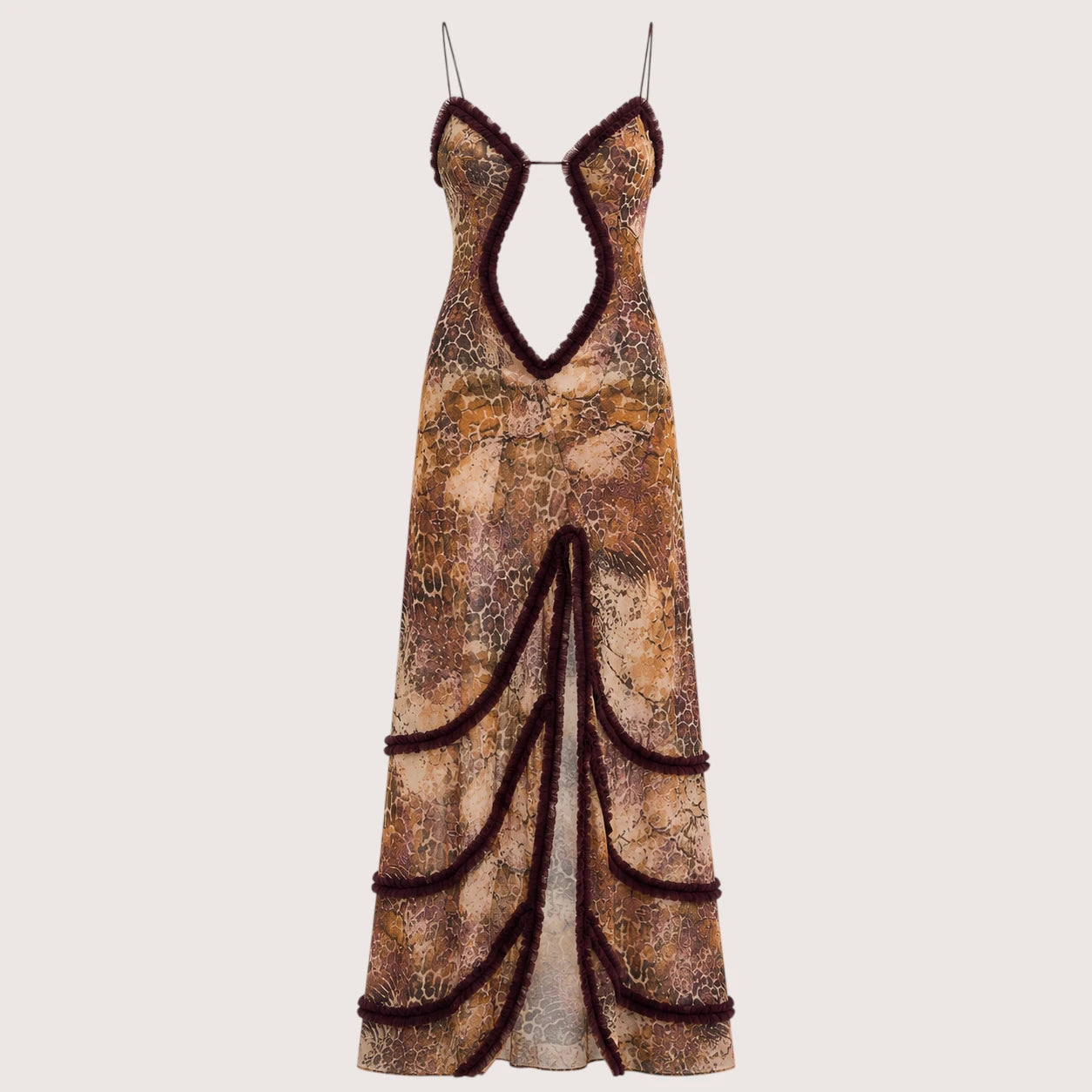 Camila | Damen Bedrucktes Maxikleid Mit Spaghettiträgern Und Cut-Out Detail