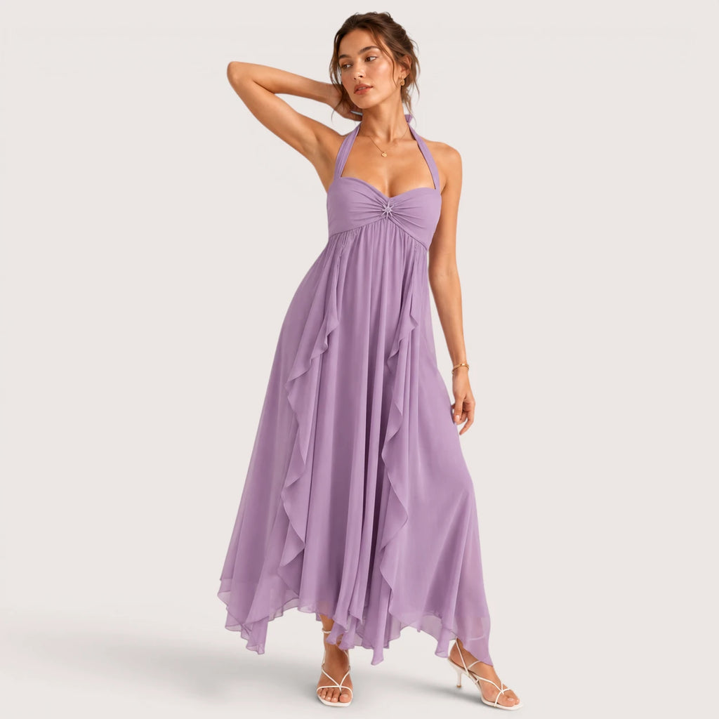 Eliza | Damen Neckholder Maxikleid Mit Lagenrock