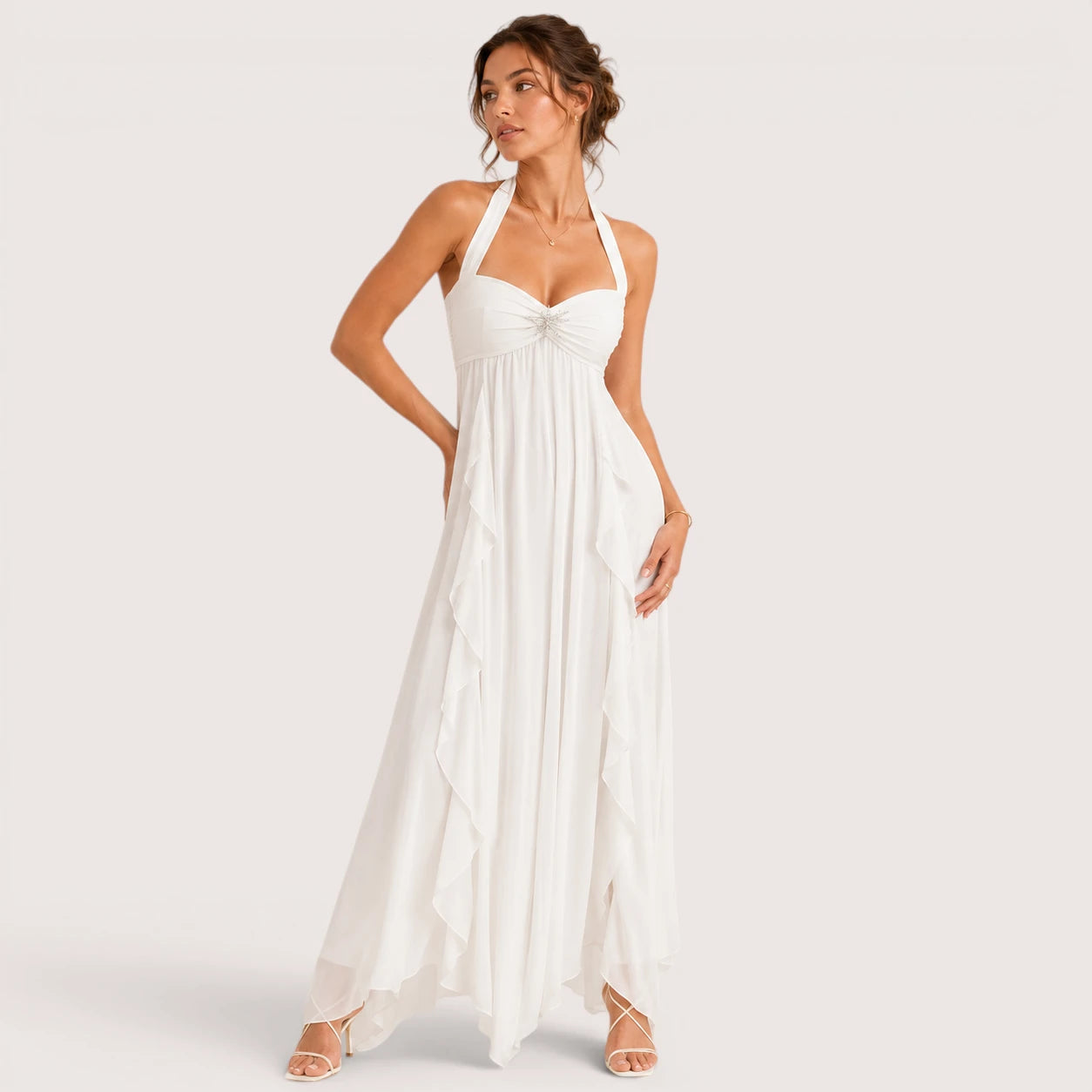 Eliza | Damen Neckholder Maxikleid Mit Lagenrock