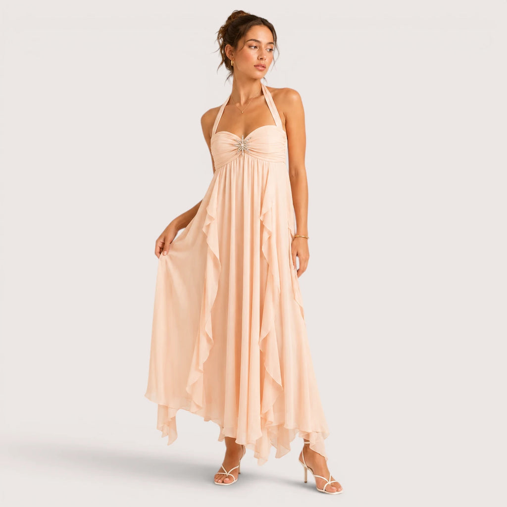 Eliza | Damen Neckholder Maxikleid Mit Lagenrock