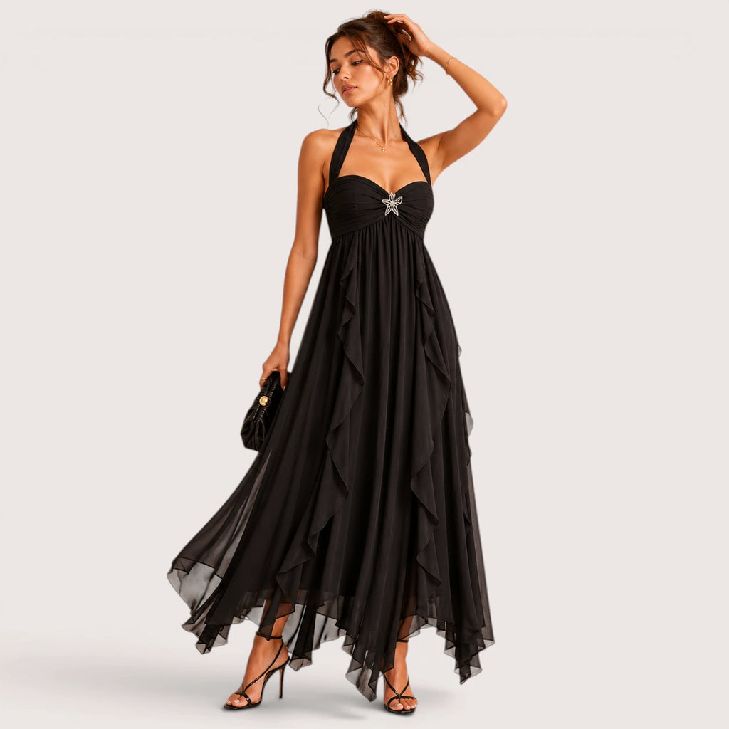 Eliza | Damen Neckholder Maxikleid Mit Lagenrock