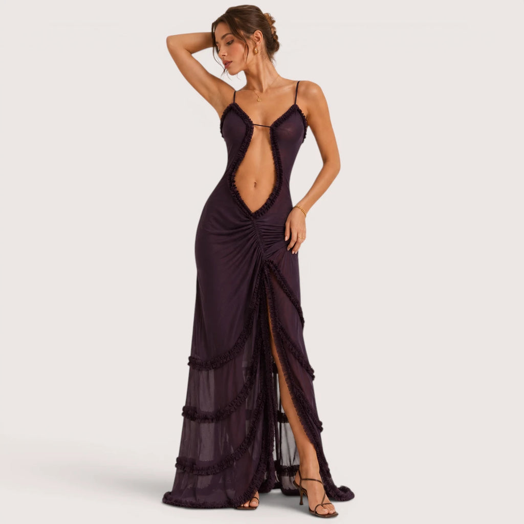 Camila | Damen Bedrucktes Maxikleid Mit Spaghettiträgern Und Cut-Out Detail
