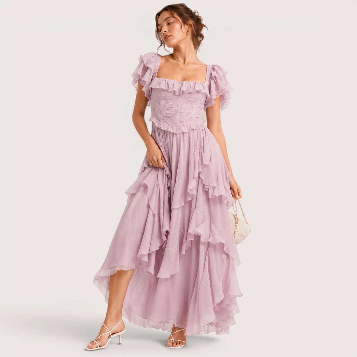Daisy | Damen Schulterfreies Midikleid Mit Rüschen Und Lagen