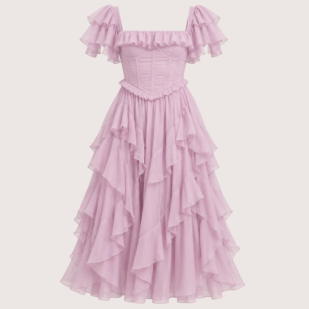 Daisy | Damen Schulterfreies Midikleid Mit Rüschen Und Lagen