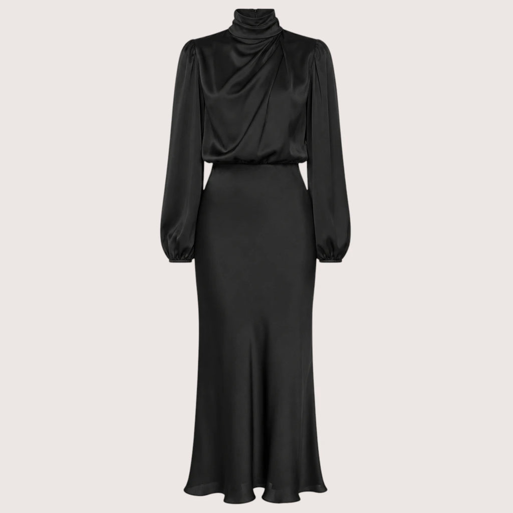 Audrey | Damen Satin Maxikleid Mit Hohem Kragen Und Langarm