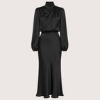 Audrey | Damen Satin Maxikleid Mit Hohem Kragen Und Langarm