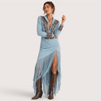 Celeste | Damen Langarm Maxi Kleid Mit Fransen