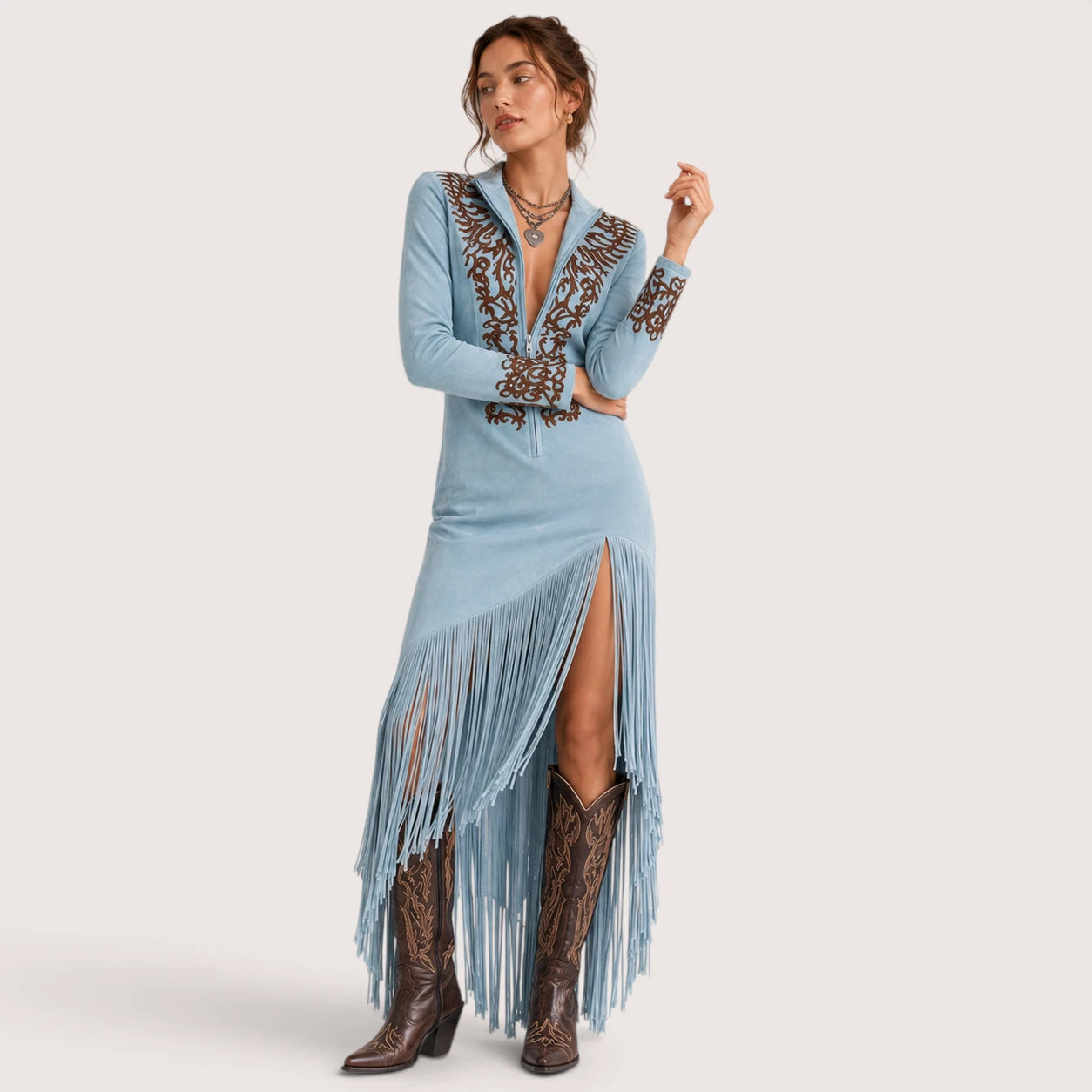 Celeste | Damen Langarm Maxi Kleid Mit Fransen