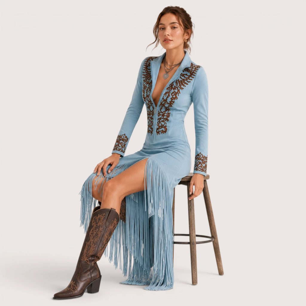 Celeste | Damen Langarm Maxi Kleid Mit Fransen