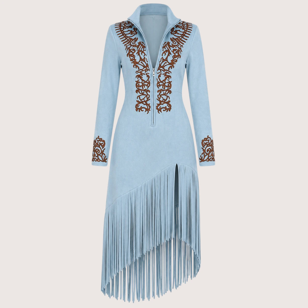 Celeste | Damen Langarm Maxi Kleid Mit Fransen